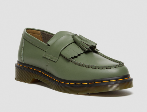 Dr Martens Docs Adrian Yellow Stitch Leather Tassel Loafers Khaki